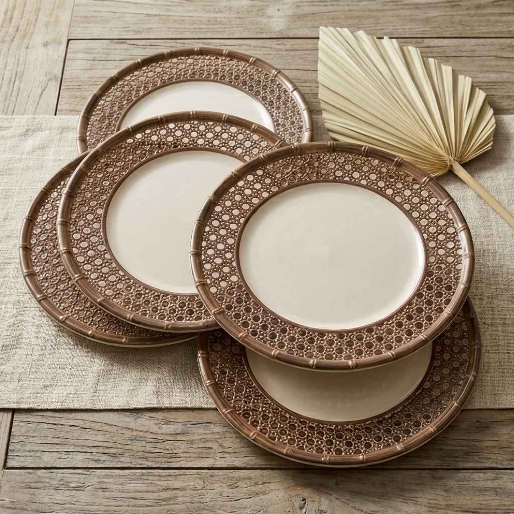 Faux Bamboo and Cane Rattan Plates - Set of 4