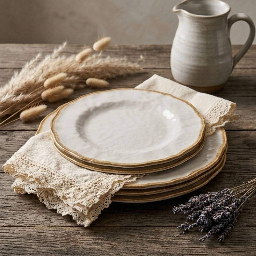 Artisanal Blush Pink & Gold Rimmed Plates - Set of 4