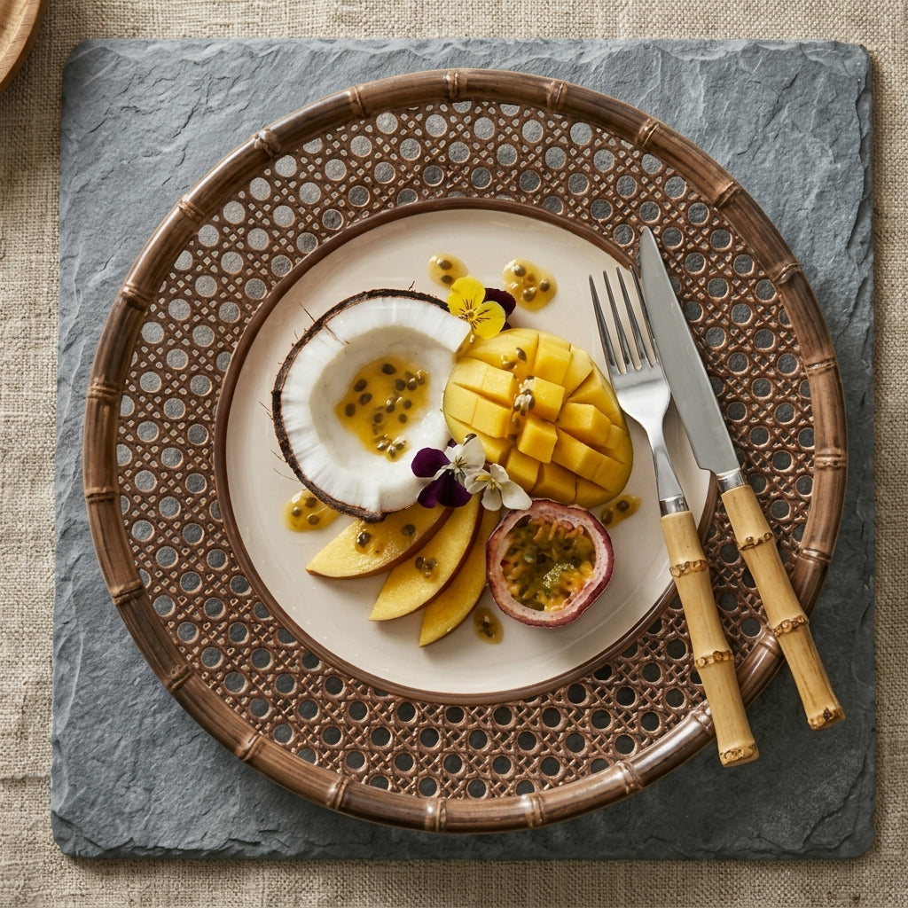 Faux Bamboo and Cane Rattan Plates - Set of 4