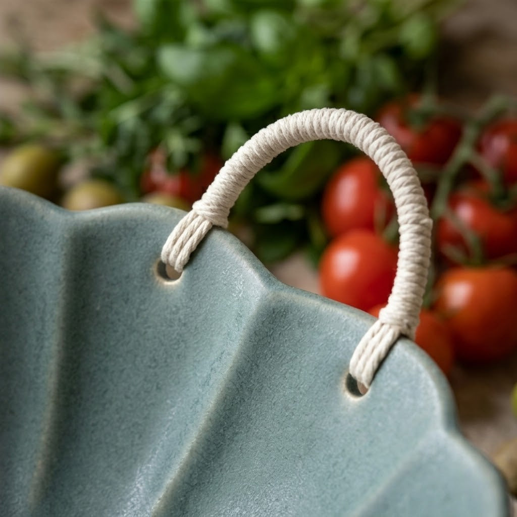 Artisanal Scalloped Ceramic Bowl with Woven Rope Handles