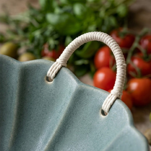 Artisanal Scalloped Ceramic Bowl with Woven Rope Handles