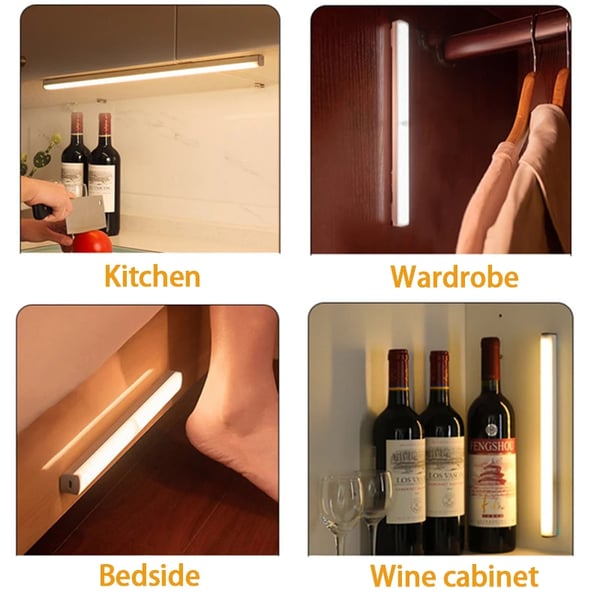 💡Wireless Motion Sensor LED Light Bar - Rechargeable & Magnetic Under Cabinet Lighting - Ultra-Thin Stick-on Night Light for Kitchen, Wardrobe, Stairs & Hallway (No Drilling Required)