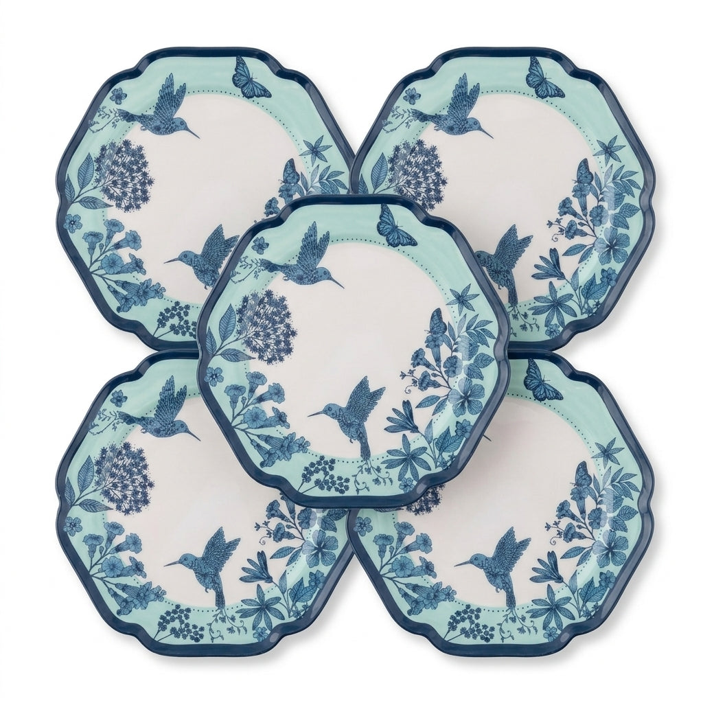 Aqua and Navy Hummingbird Toile Plates - Set of 5