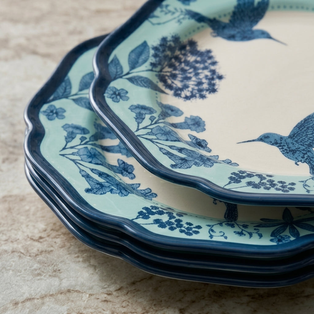 Aqua and Navy Hummingbird Toile Plates - Set of 5