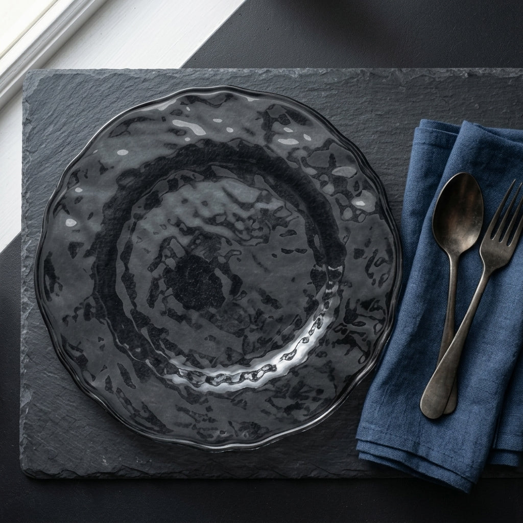Artisanal Hammered Gloss Black Plates - Set of 5