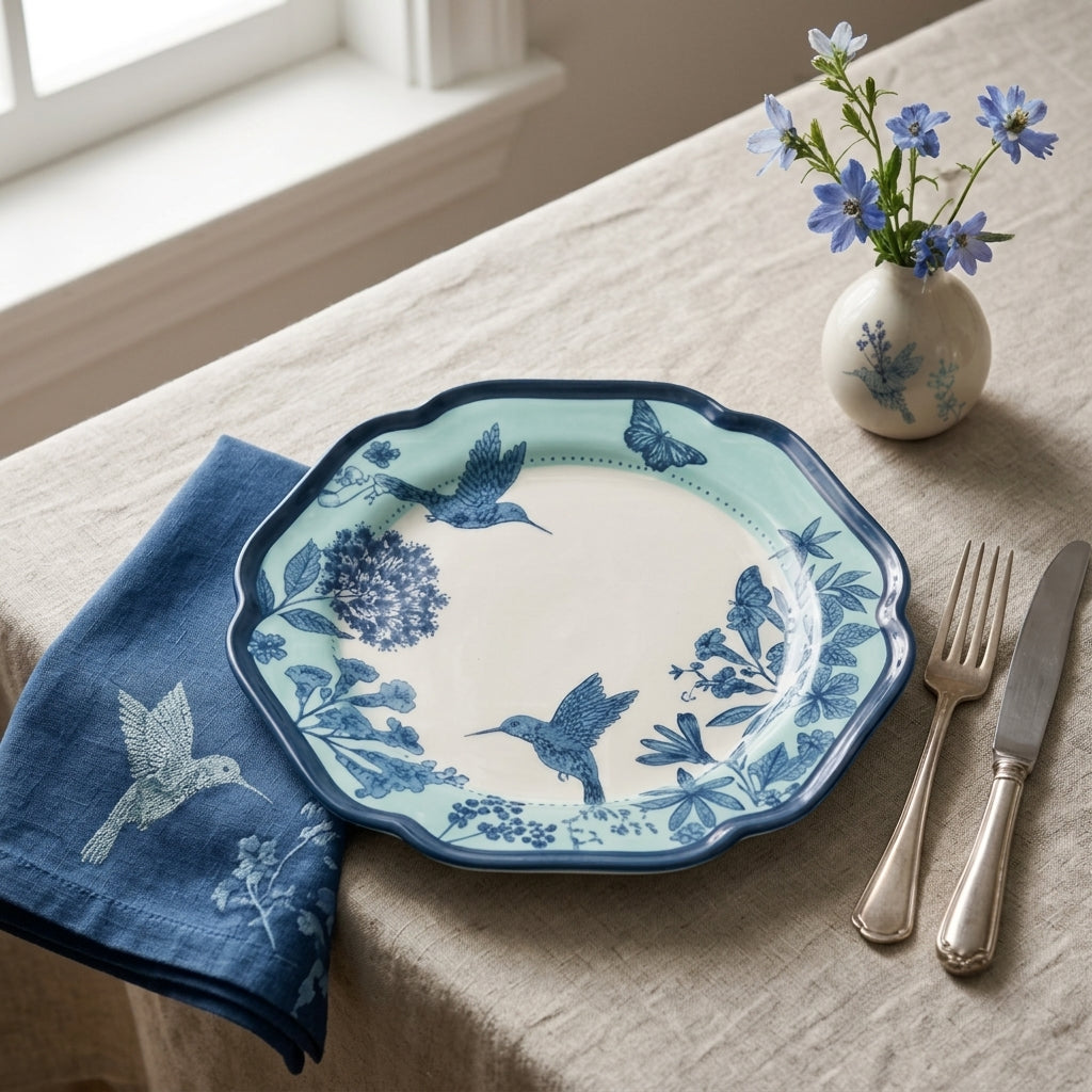 Aqua and Navy Hummingbird Toile Plates - Set of 5