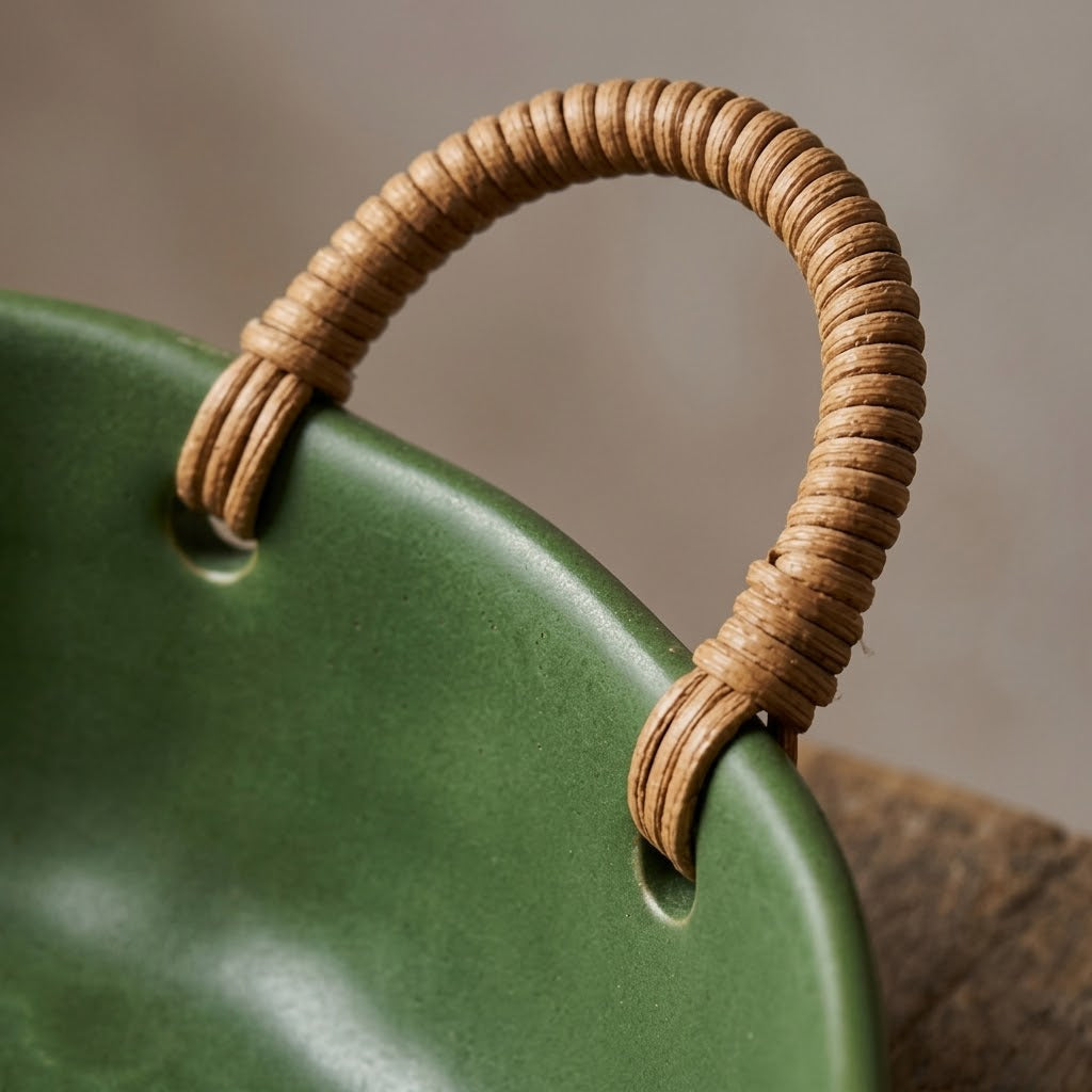 Artisanal Marbled Ceramic Bowl with Woven Handles