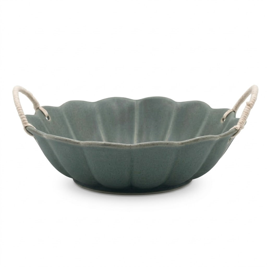 Artisanal Scalloped Ceramic Bowl with Woven Rope Handles
