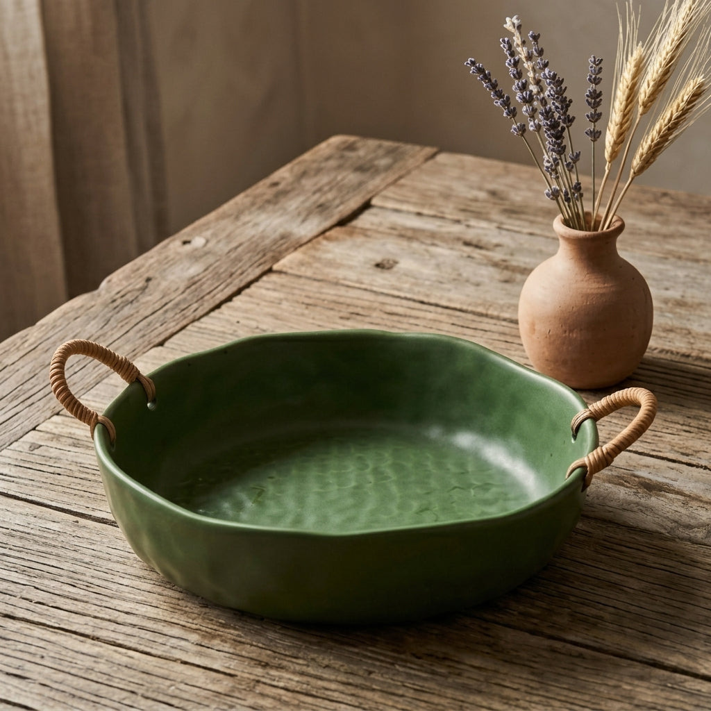 Artisanal Marbled Ceramic Bowl with Woven Handles