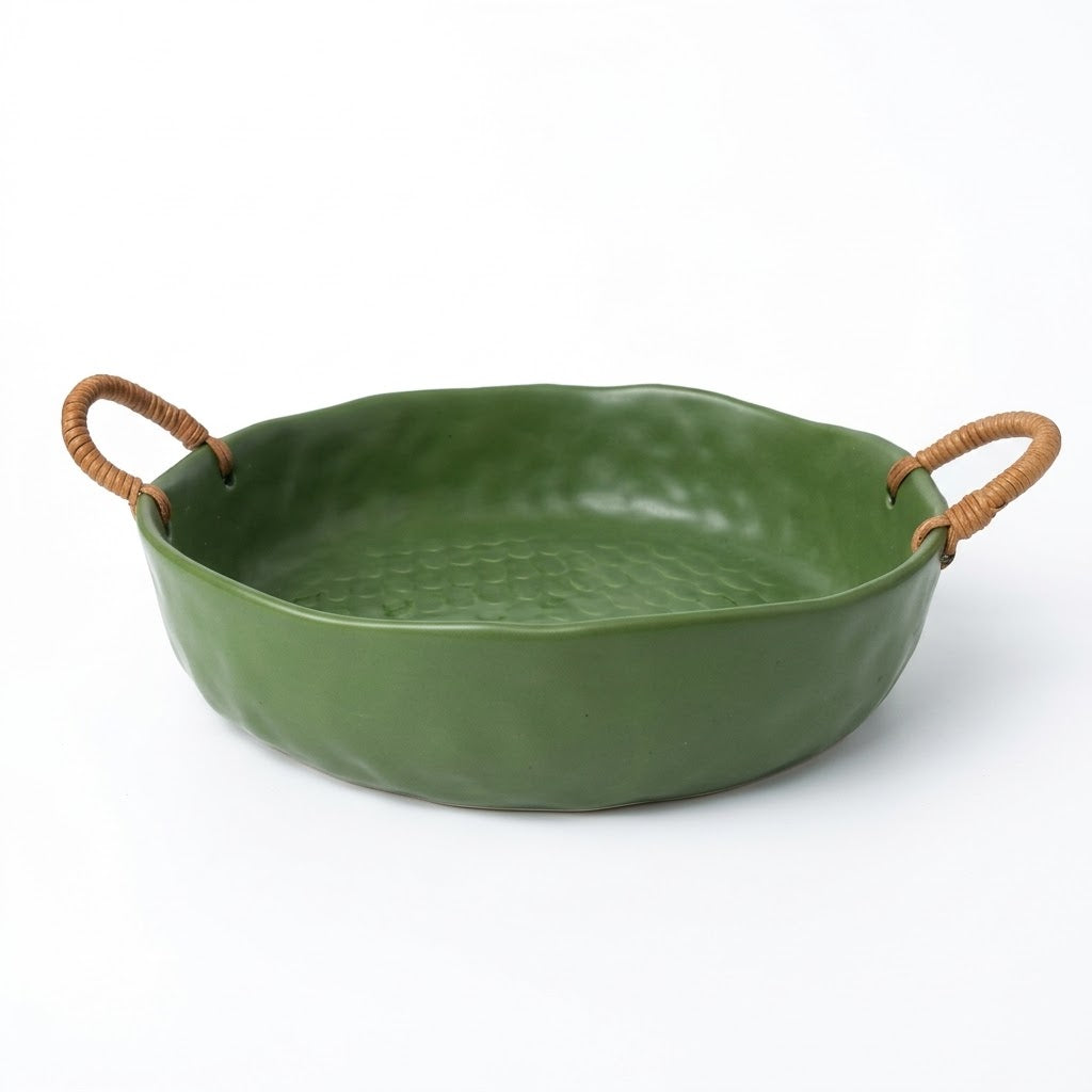 Artisanal Marbled Ceramic Bowl with Woven Handles