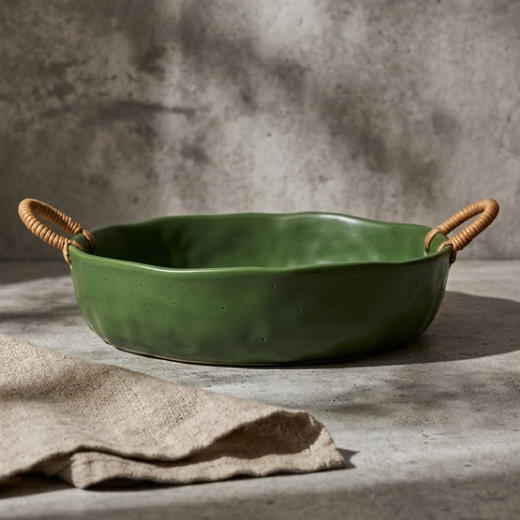 Artisanal Marbled Ceramic Bowl with Woven Handles