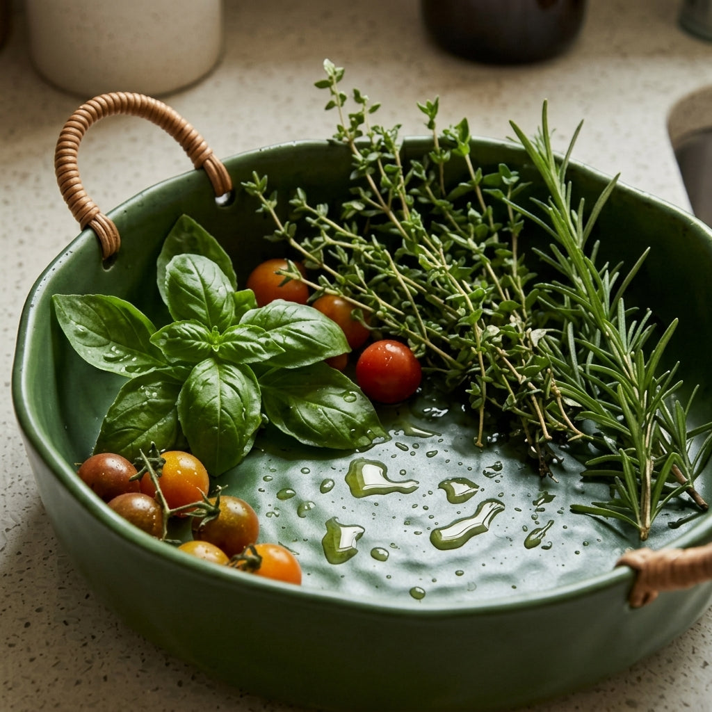 Artisanal Marbled Ceramic Bowl with Woven Handles