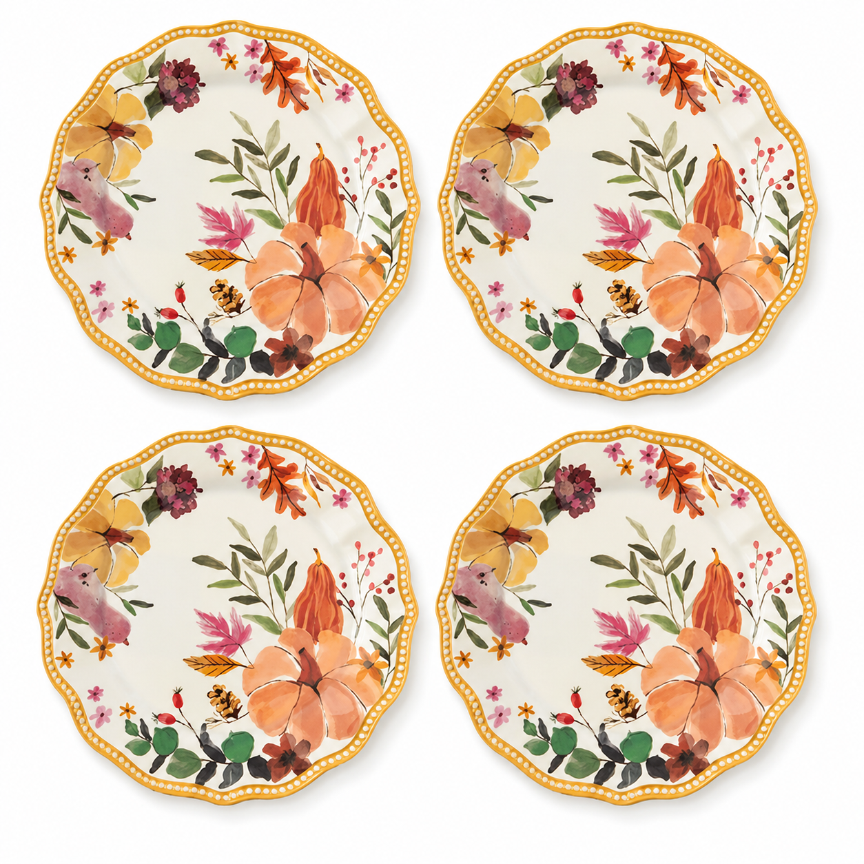 Autumn Harvest Watercolor Scalloped Plates - Set of 4