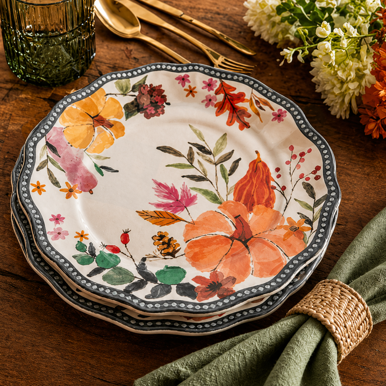Autumn Harvest Watercolor Scalloped Plates - Set of 4