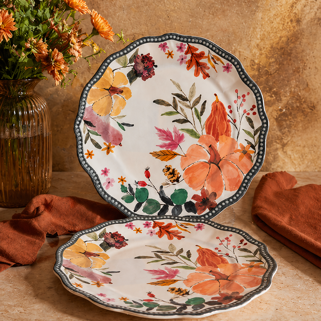 Autumn Harvest Watercolor Scalloped Plates - Set of 4