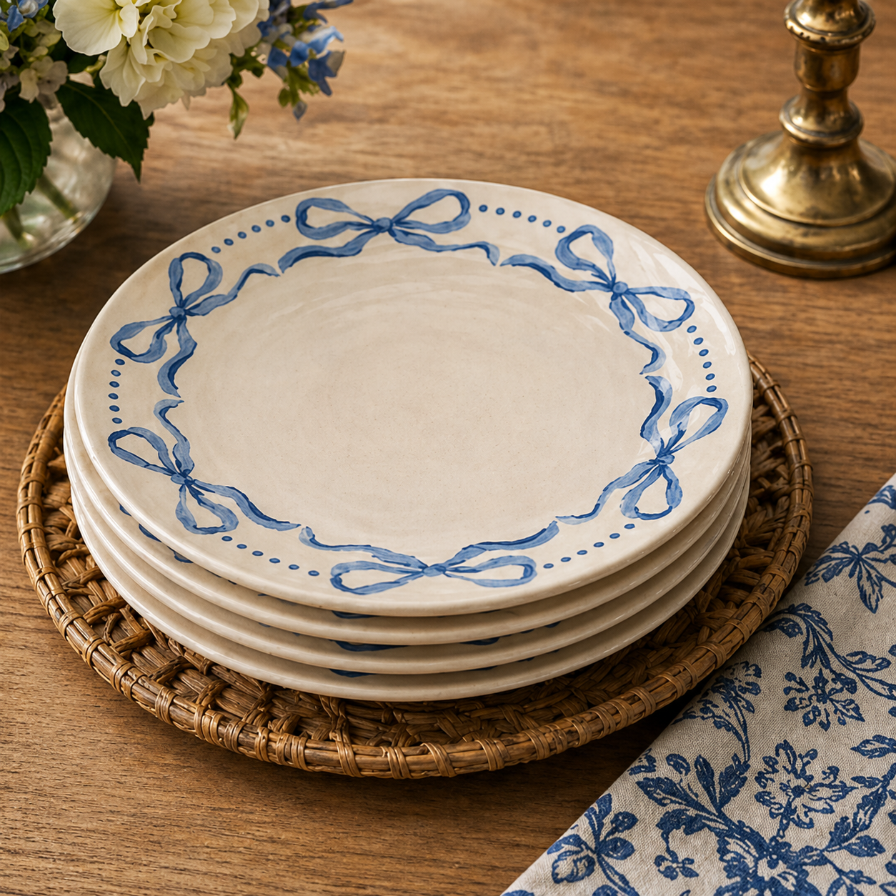 Classic Blue Ribbon Wreath Plates - Set of 4