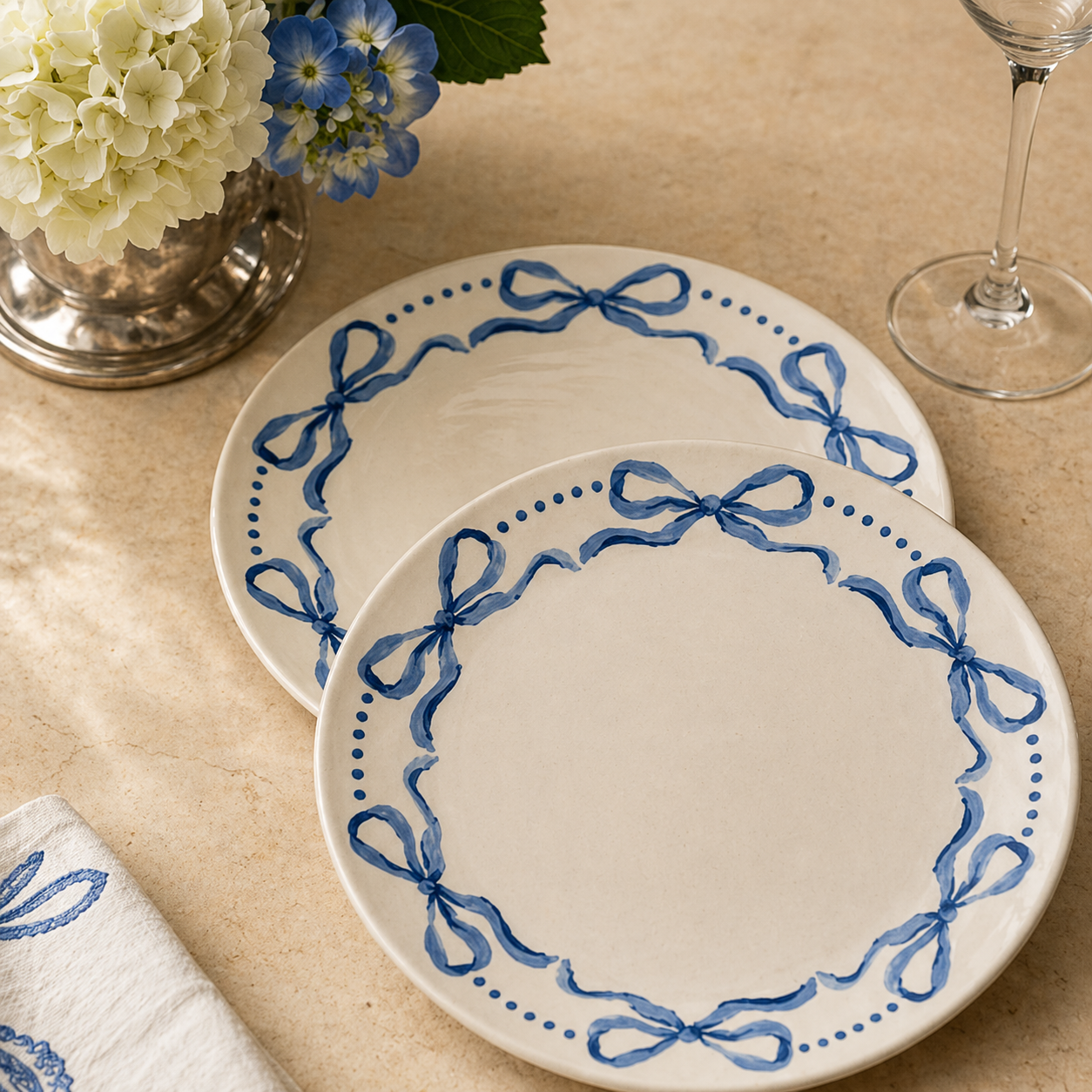 Classic Blue Ribbon Wreath Plates - Set of 4