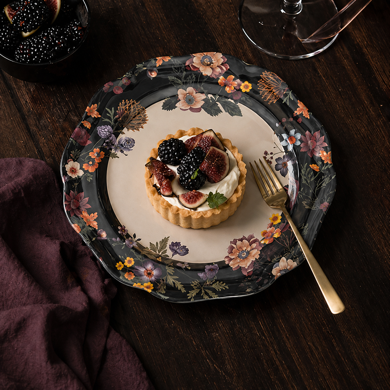 Gothic Raven and Vintage Floral Scalloped Plates - Set of 4