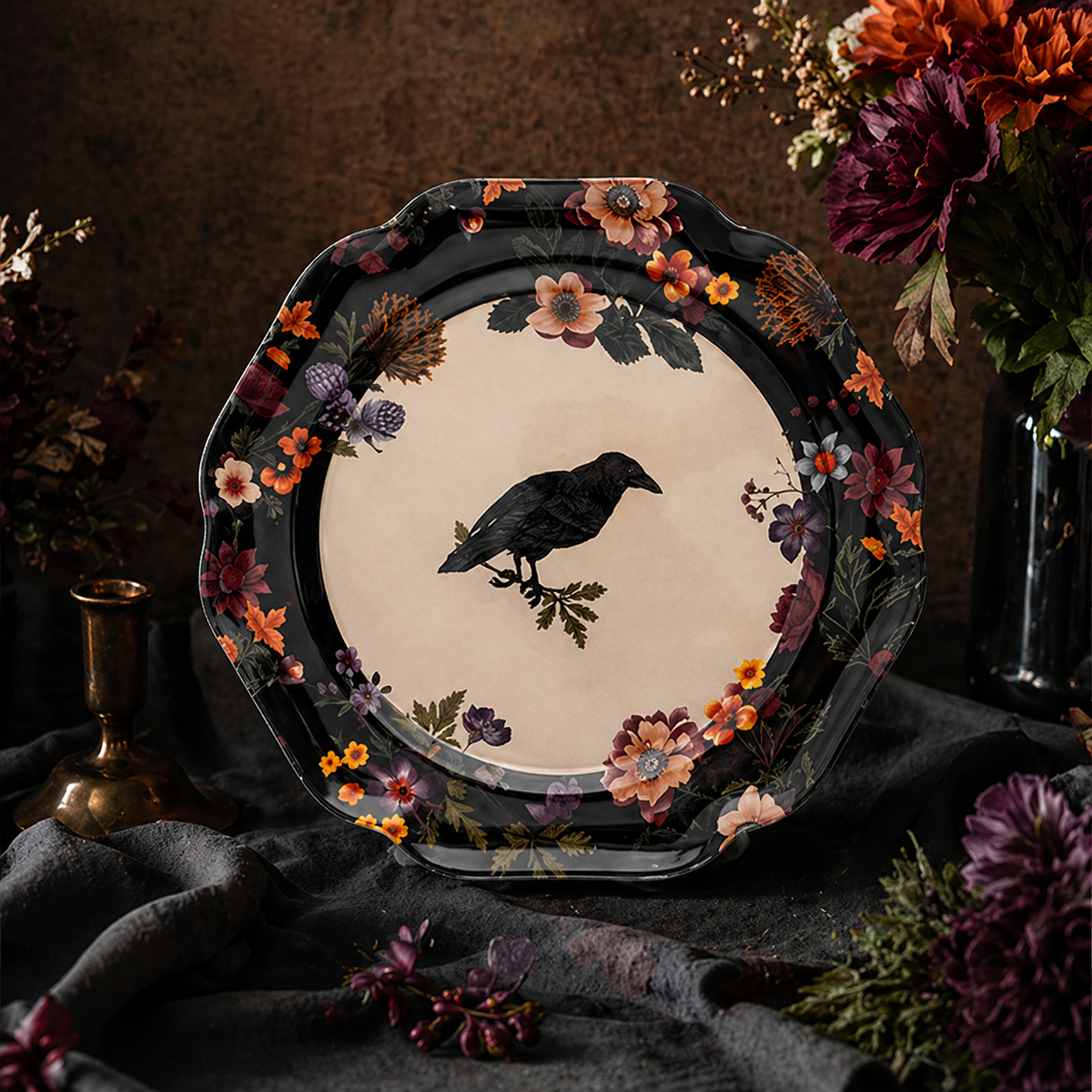 Gothic Raven and Vintage Floral Scalloped Plates - Set of 4