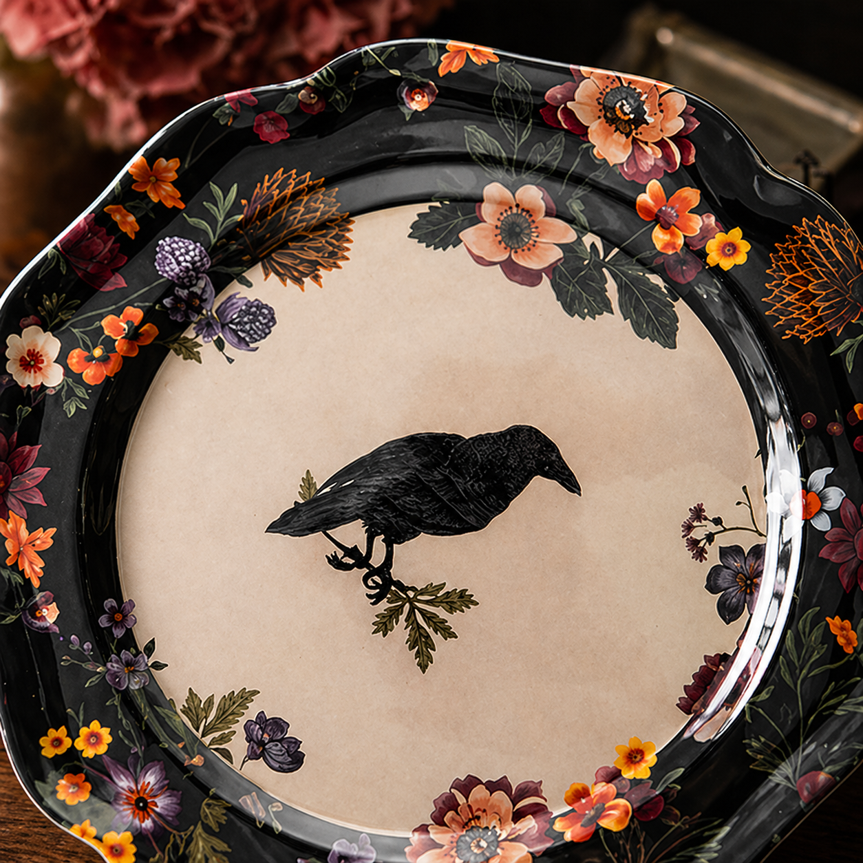 Gothic Raven and Vintage Floral Scalloped Plates - Set of 4