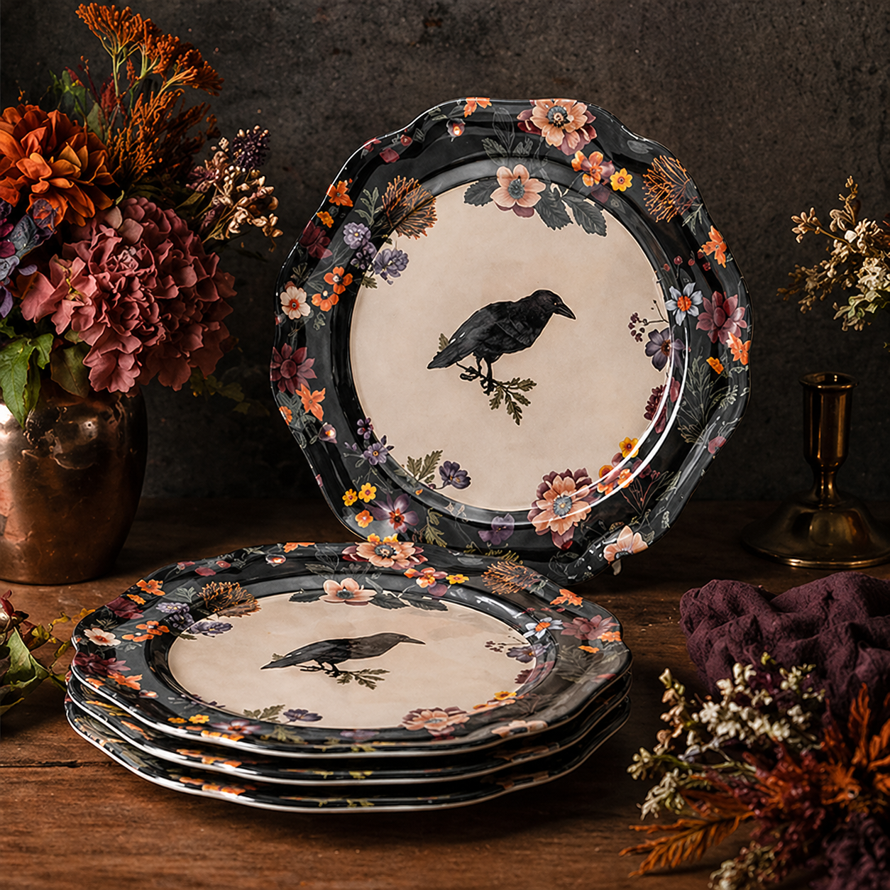 Gothic Raven and Vintage Floral Scalloped Plates - Set of 4
