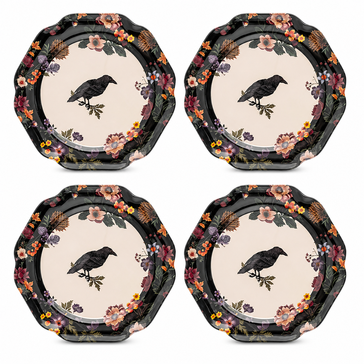 Gothic Raven and Vintage Floral Scalloped Plates - Set of 4