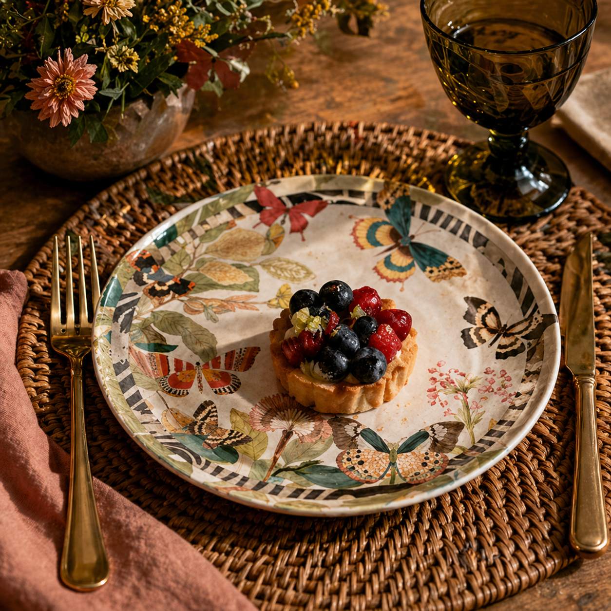 Enchanted Butterfly Garden Plates with Graphic Striped Rim - Set of 4