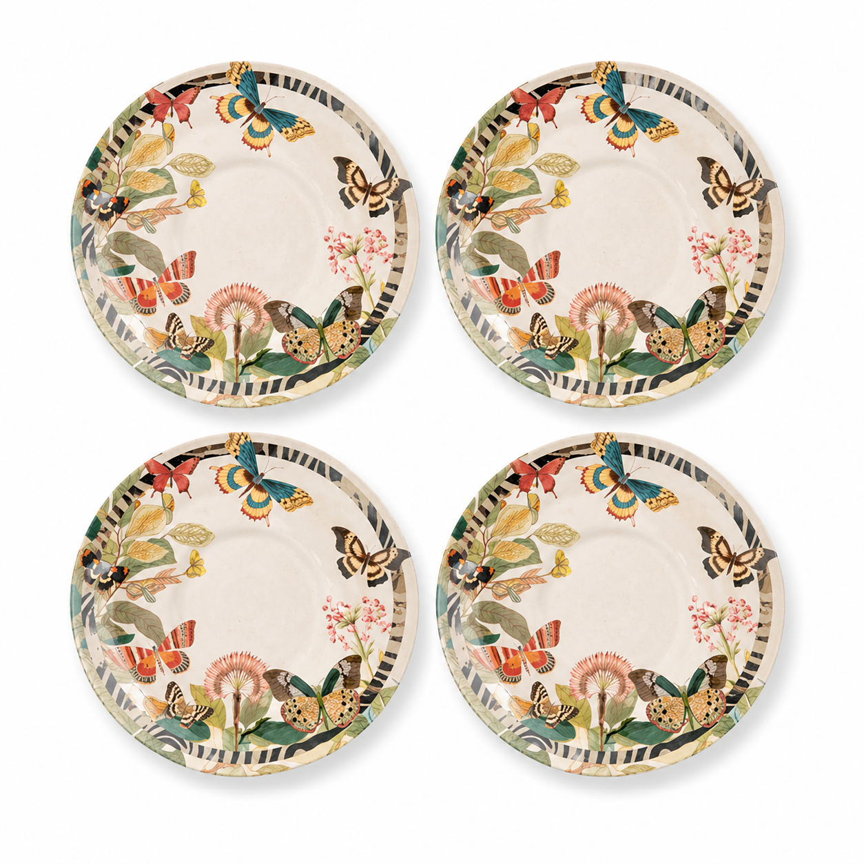 Enchanted Butterfly Garden Plates with Graphic Striped Rim - Set of 4