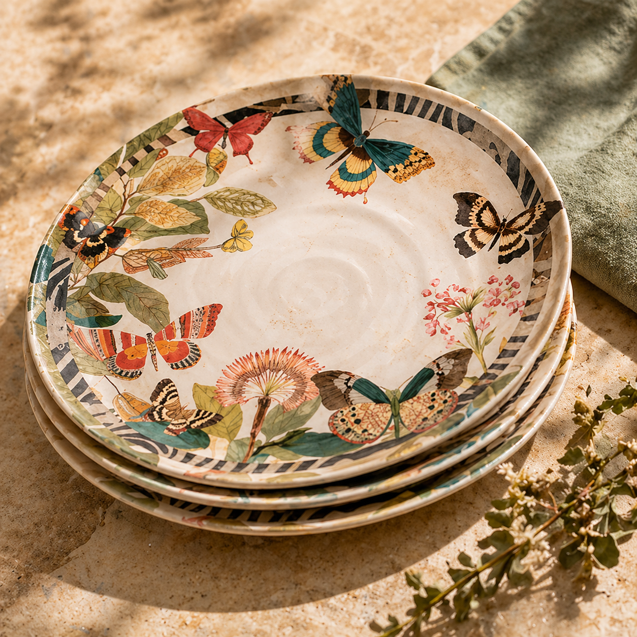 Enchanted Butterfly Garden Plates with Graphic Striped Rim - Set of 4