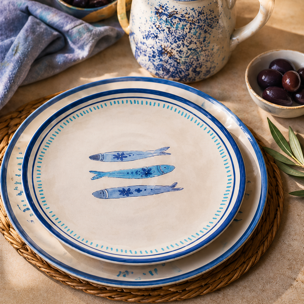 Coastal Blue Sardine Motif Plates - Set of 4