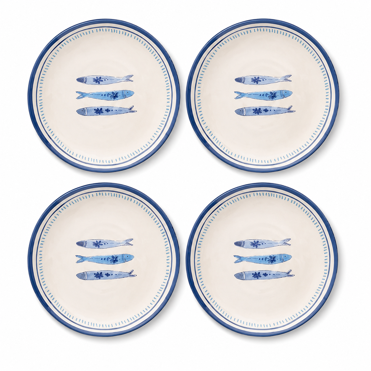 Coastal Blue Sardine Motif Plates - Set of 4
