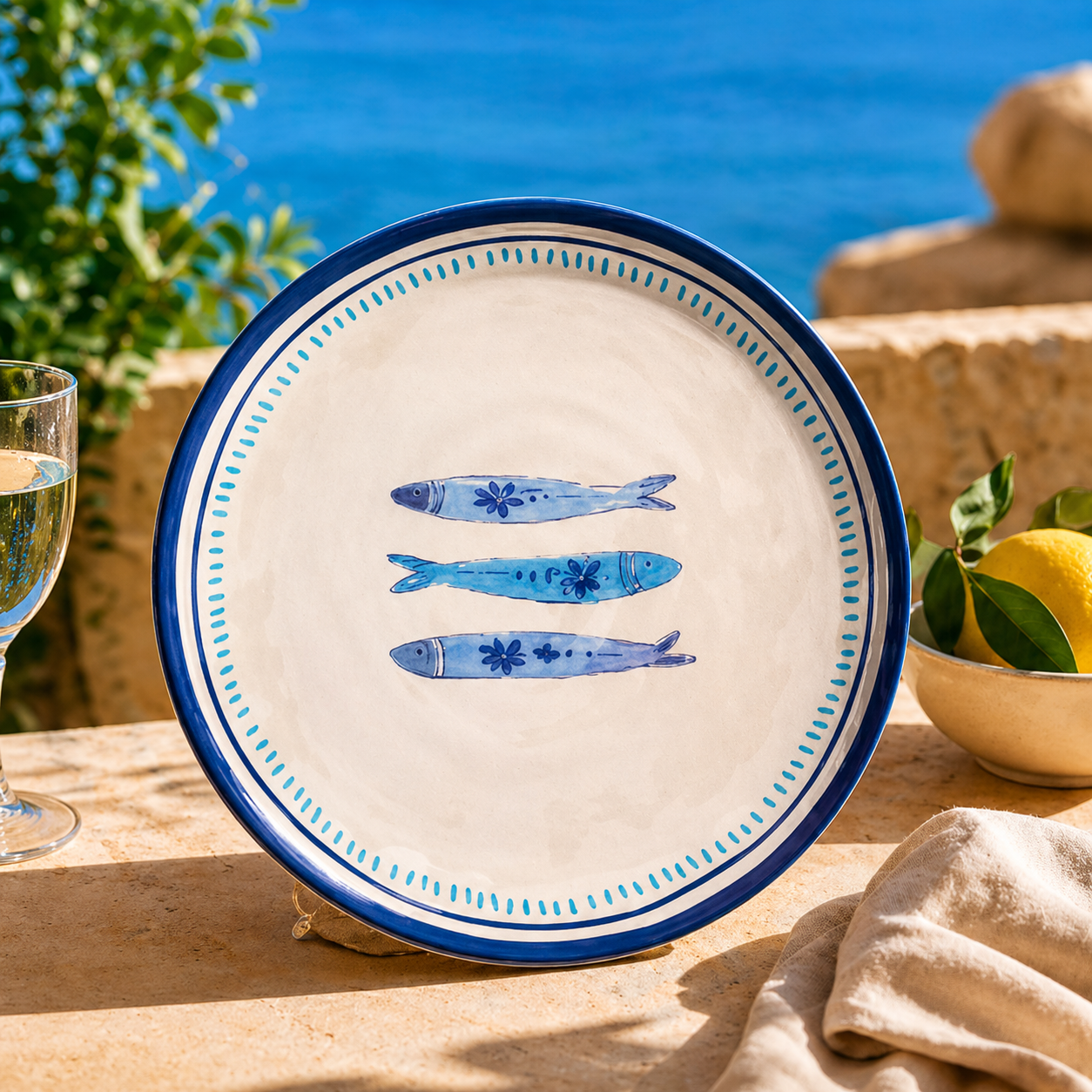 Coastal Blue Sardine Motif Plates - Set of 4