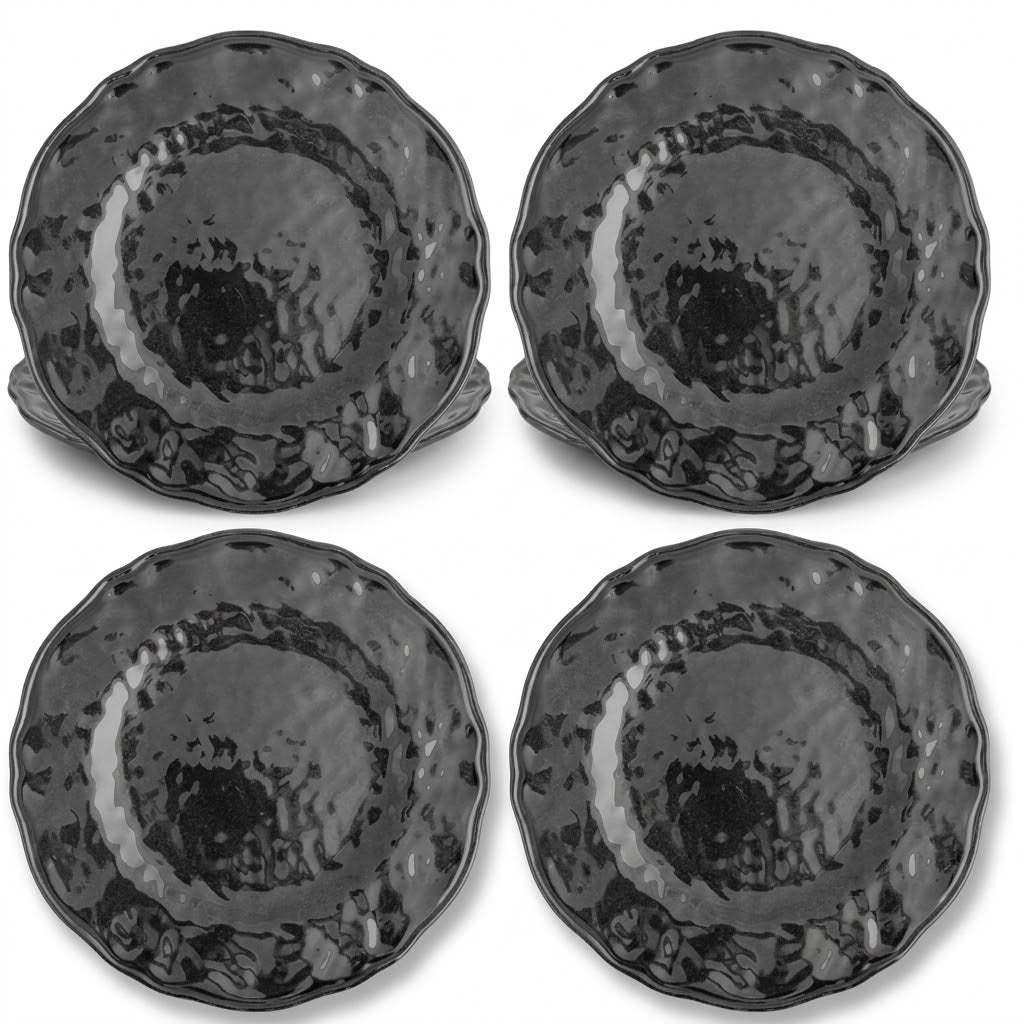 Hammered Gloss Black Scalloped Plates - Set of 4