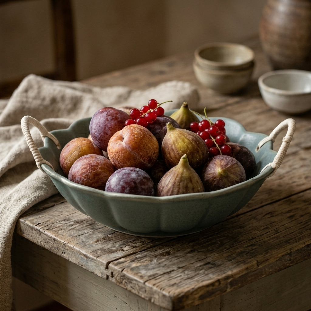 Artisanal Scalloped Ceramic Bowl with Woven Rope Handles