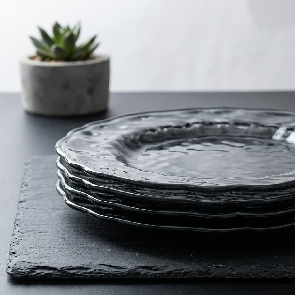 Artisanal Hammered Gloss Black Plates - Set of 5