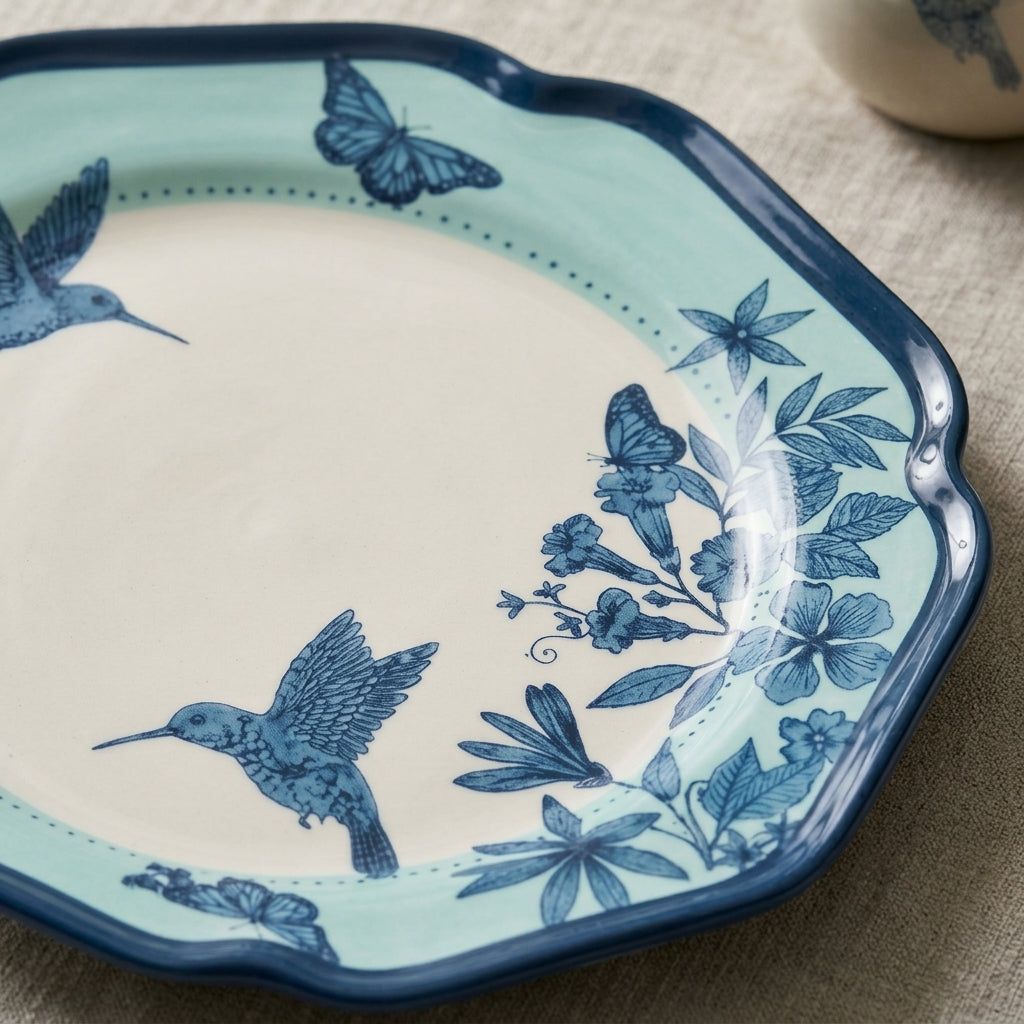 Aqua and Navy Hummingbird Toile Plates - Set of 5