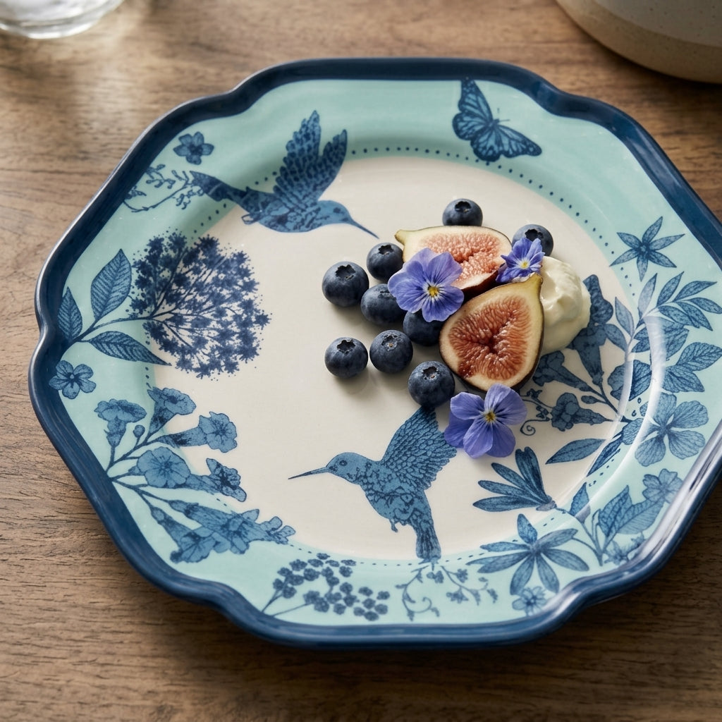 Aqua and Navy Hummingbird Toile Plates - Set of 5