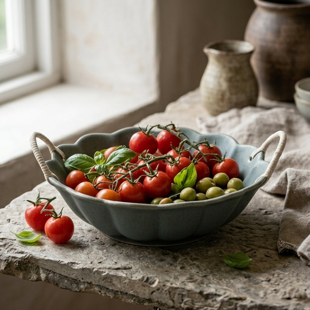 Artisanal Scalloped Ceramic Bowl with Woven Rope Handles