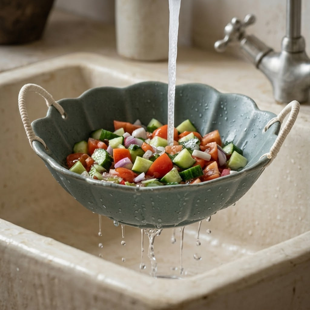 Artisanal Scalloped Ceramic Bowl with Woven Rope Handles